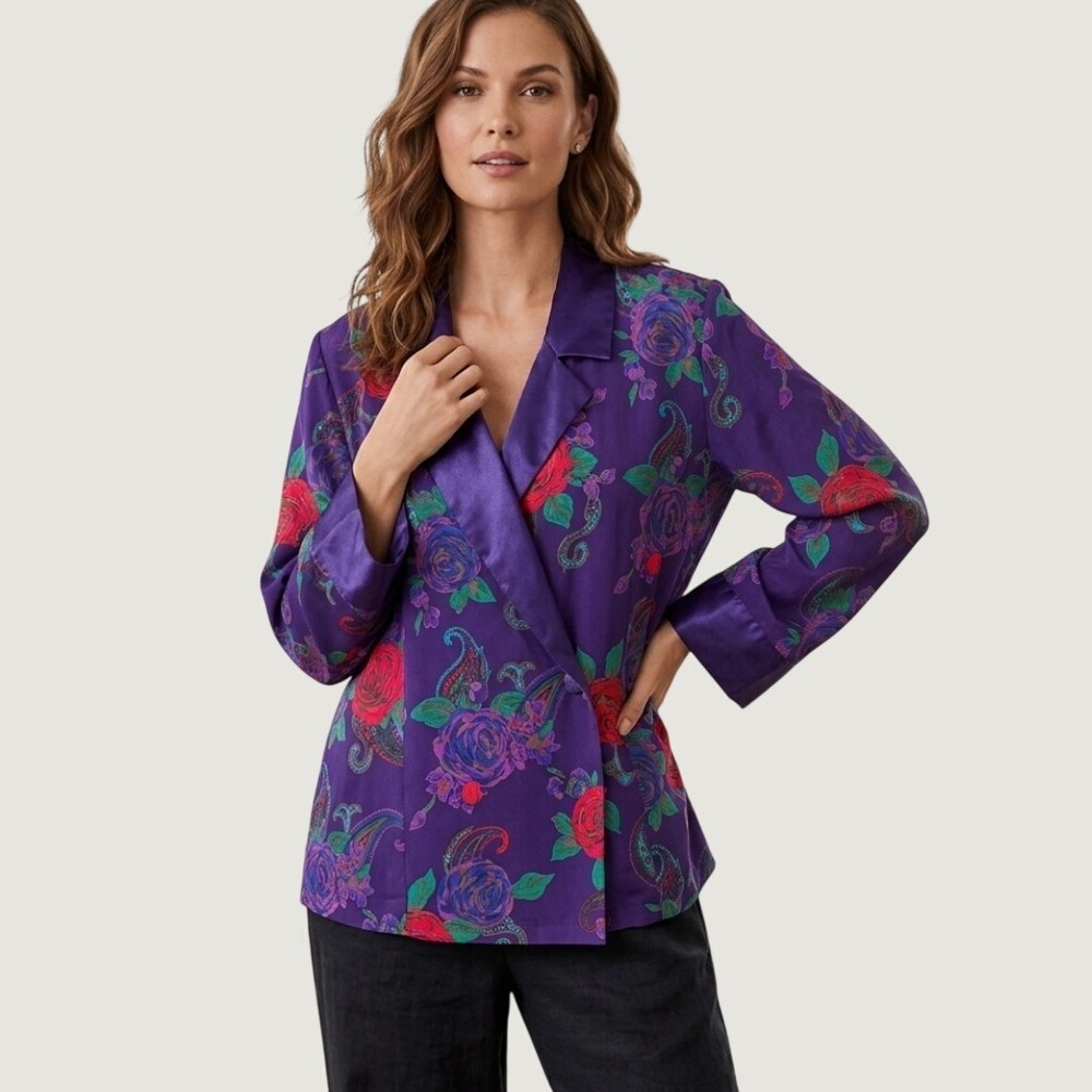 Vintage Victorias Secret Gold Label Purple Floral Paisley Satin Pajama Top M
